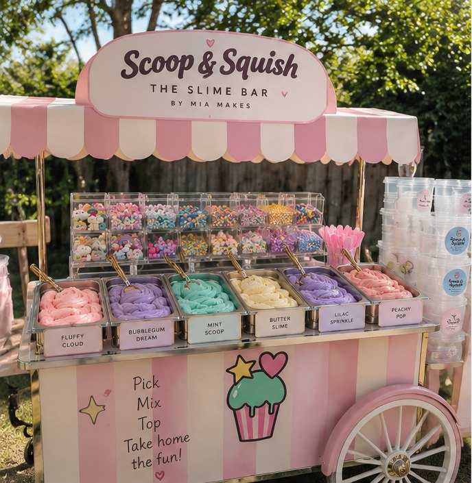 The Scoop and Squish slime bar trolley: a pink and white striped cart with tubs of pastel butter slime, jars of charms and a scalloped awning