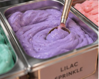 A scoop in a tub of lilac butter slime
