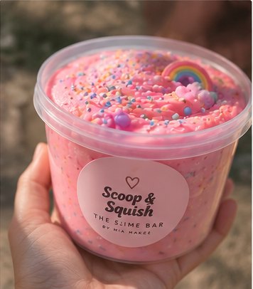 A tub of pink slime with a rainbow charm and a Scoop and Squish label